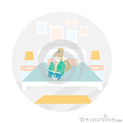 Girl lying in bed reading a book in bedroom. Bed bedside pillows table lamp carpet on the floor frame Vector Illustration